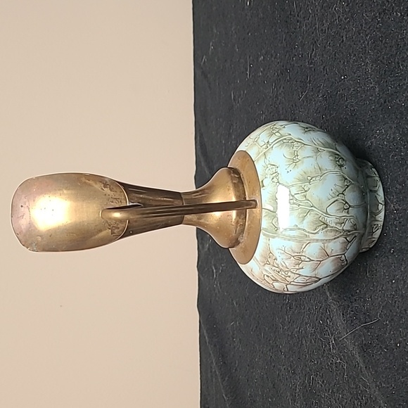 Vintage Delft Holland Ewer Vase with Brass Top and Aqua and Green Pottery Bottom - Picture 2 of 7